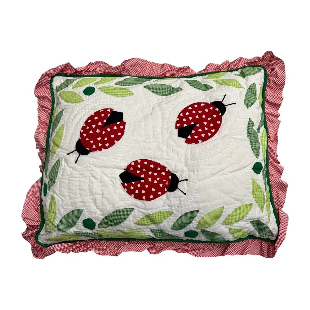 VTG Brittanica Ladybug 3 Piece Twin Set Bedspread Sham Valance Whimsy Hearts